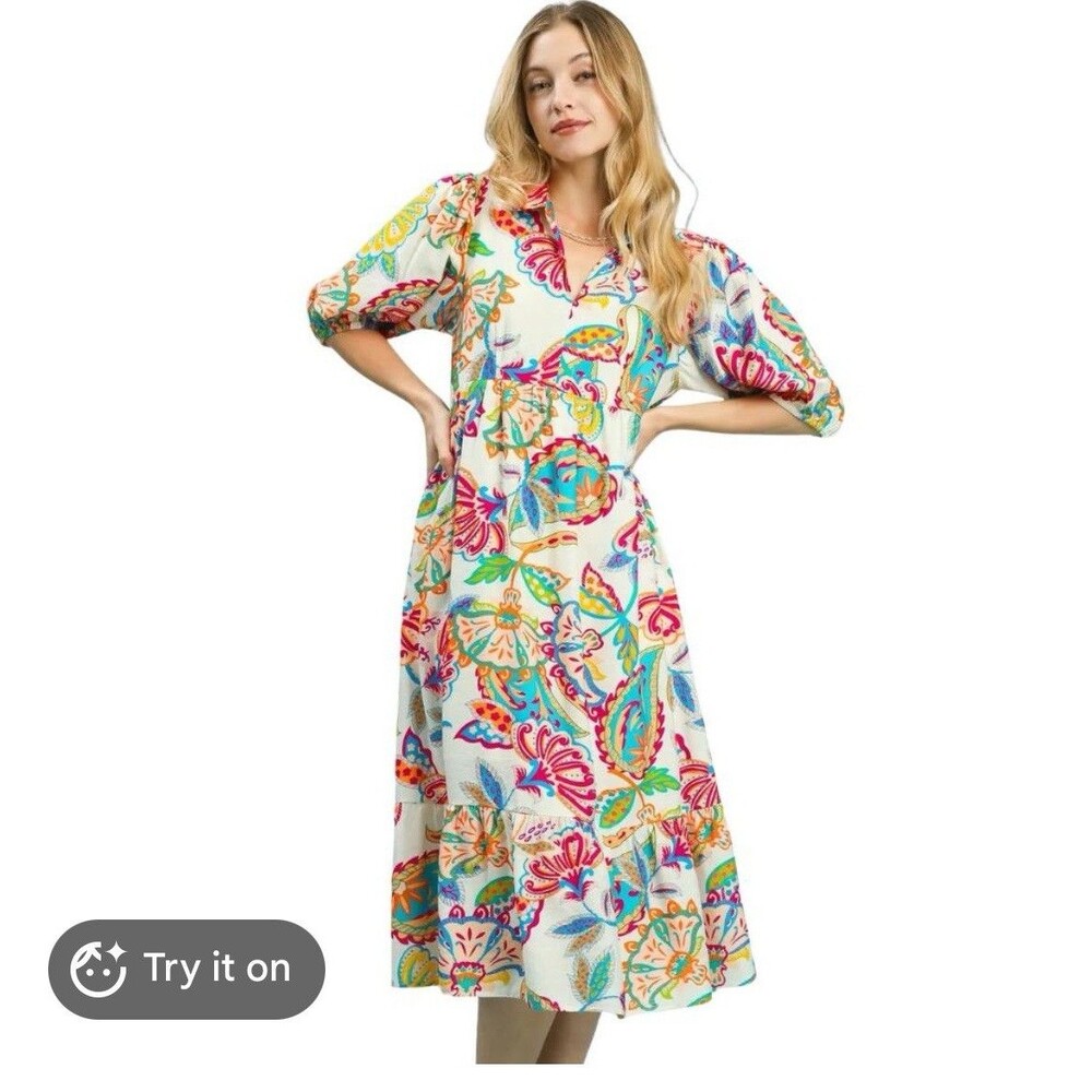 Umgee Women’s Cream Mix Tiered Floral Vibrant Midi Dress Large Spring Summer